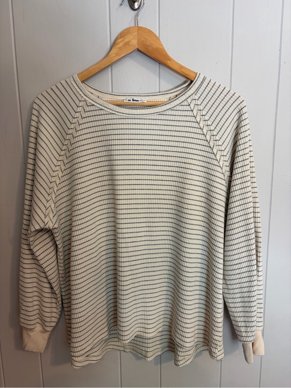 In Bloom Cream and Grey Striped Crewneck Sweater